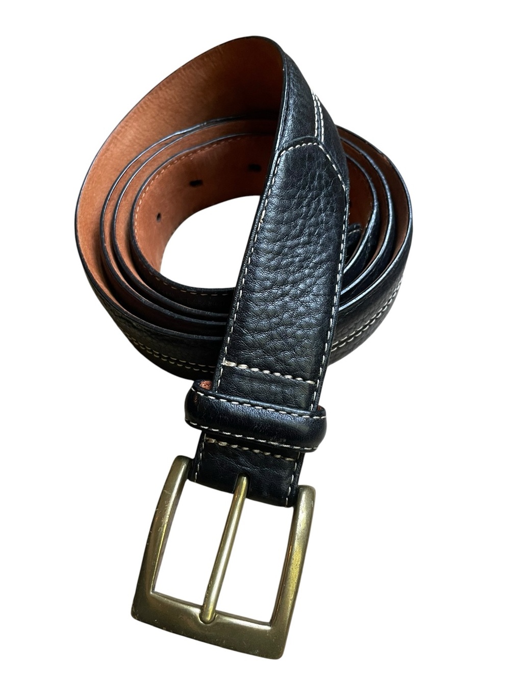 VTG Cole Haan Pebbled Leather Topstitched Belt Black Men's Sz 44 Brass BUCKLE